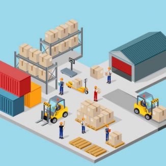 Icon 3d isometric process of the warehouse. Warehouse interior, logisti and factory, warehouse building, warehouse exterior, business delivery, storage cargo illustration